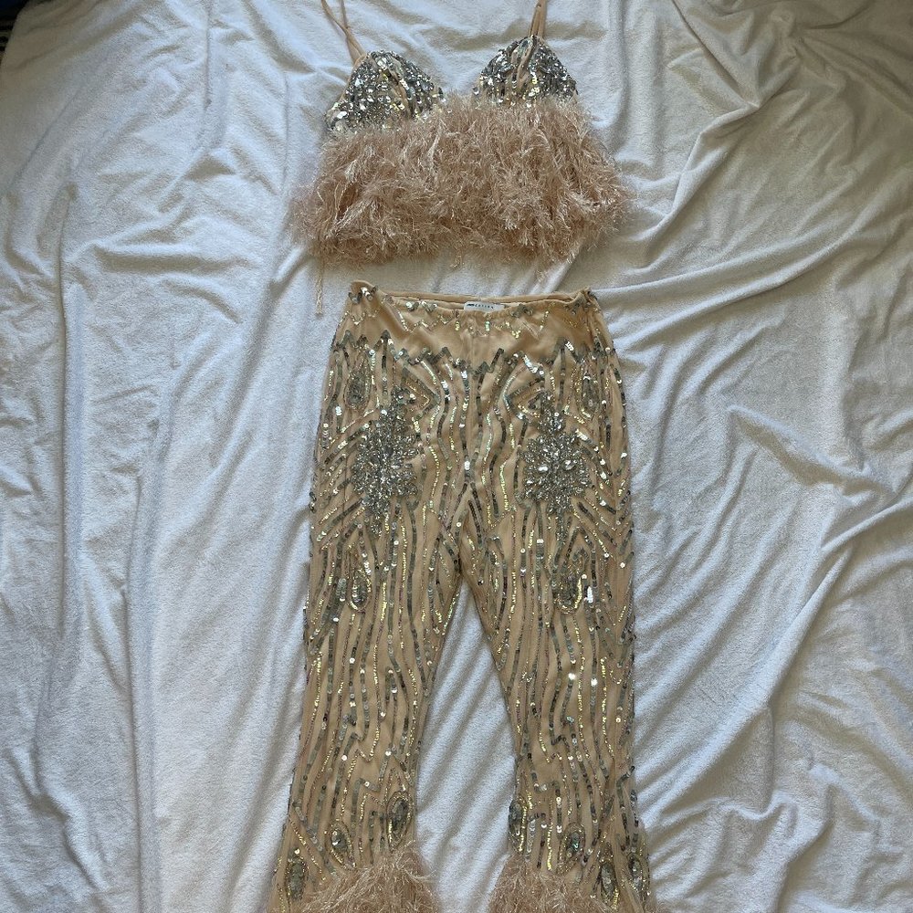 Sparkle and Shine: Pink and Silver Sequined Two-Piece Flare Pant Crop Top Set"